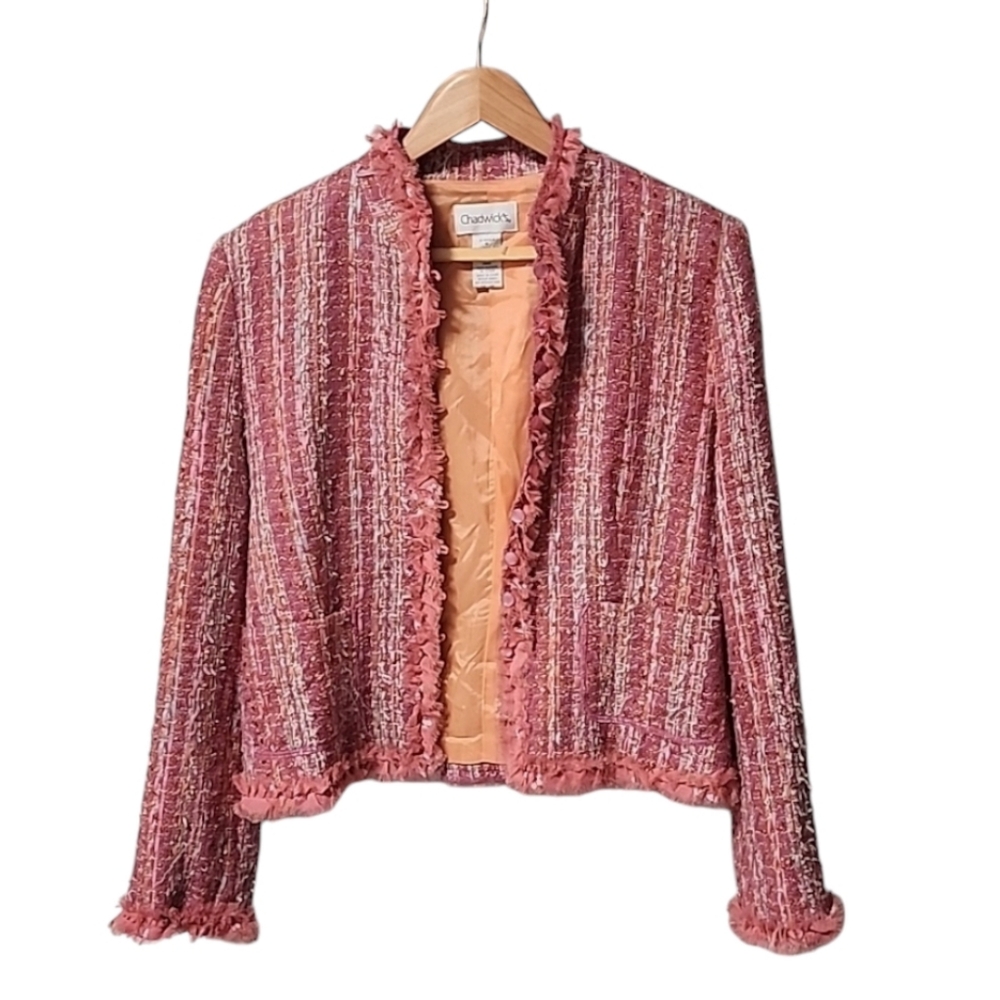 CHADWICKS VINTAGE Pink Boucle Tweed Crop Jacket 10 M Blazer Ribbon Fringe Shaggy - Picture 4 of 14